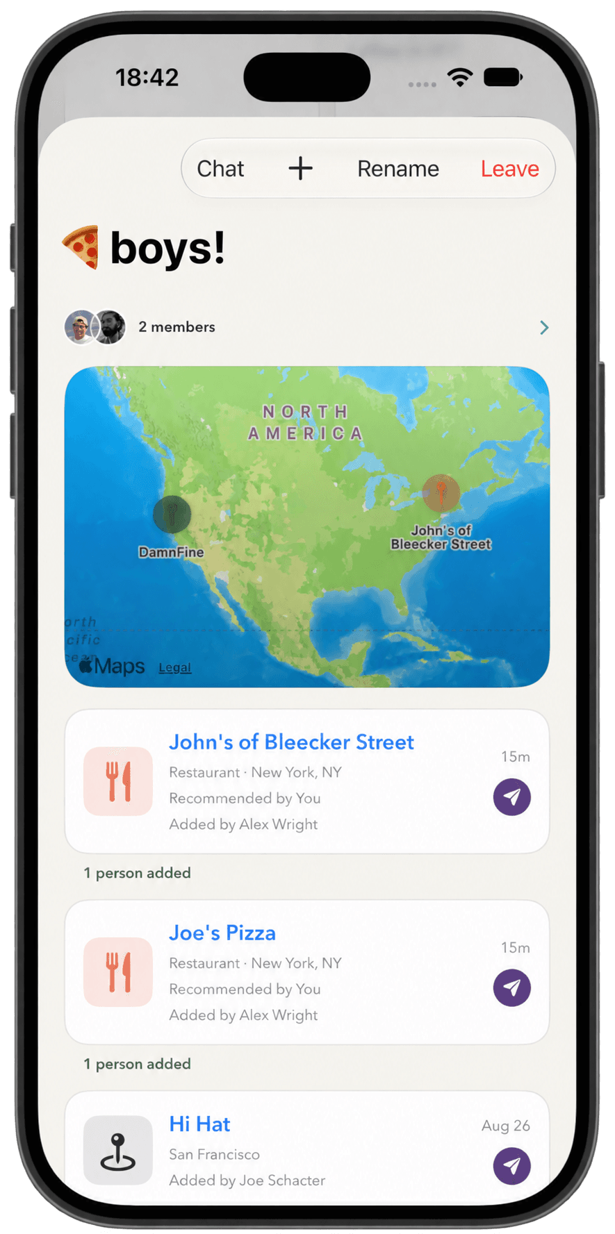 tessel group showing members, a shared map, and saved places